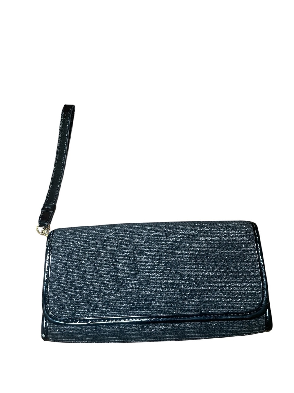 Talbots Black Woven Straw Wristlet Clutch Purse Patent Trim Geometric Liner Y2K